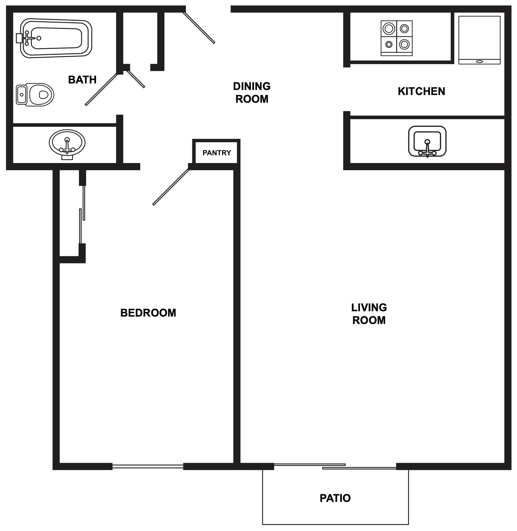 Floor plan for 1 bed, 1 bath, 538 sqft